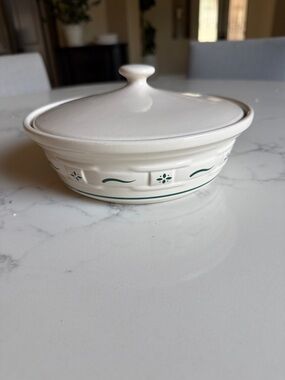 Longaberger woven traditions  small covered casserole dish with green accents